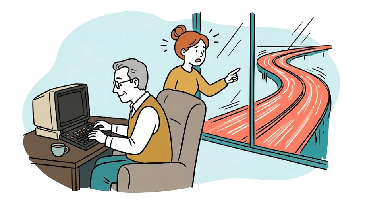 Un homme absorbé par son Minitel pendant qu'une femme lui montre par la fenêtre une autoroute de l'information qui file au loin